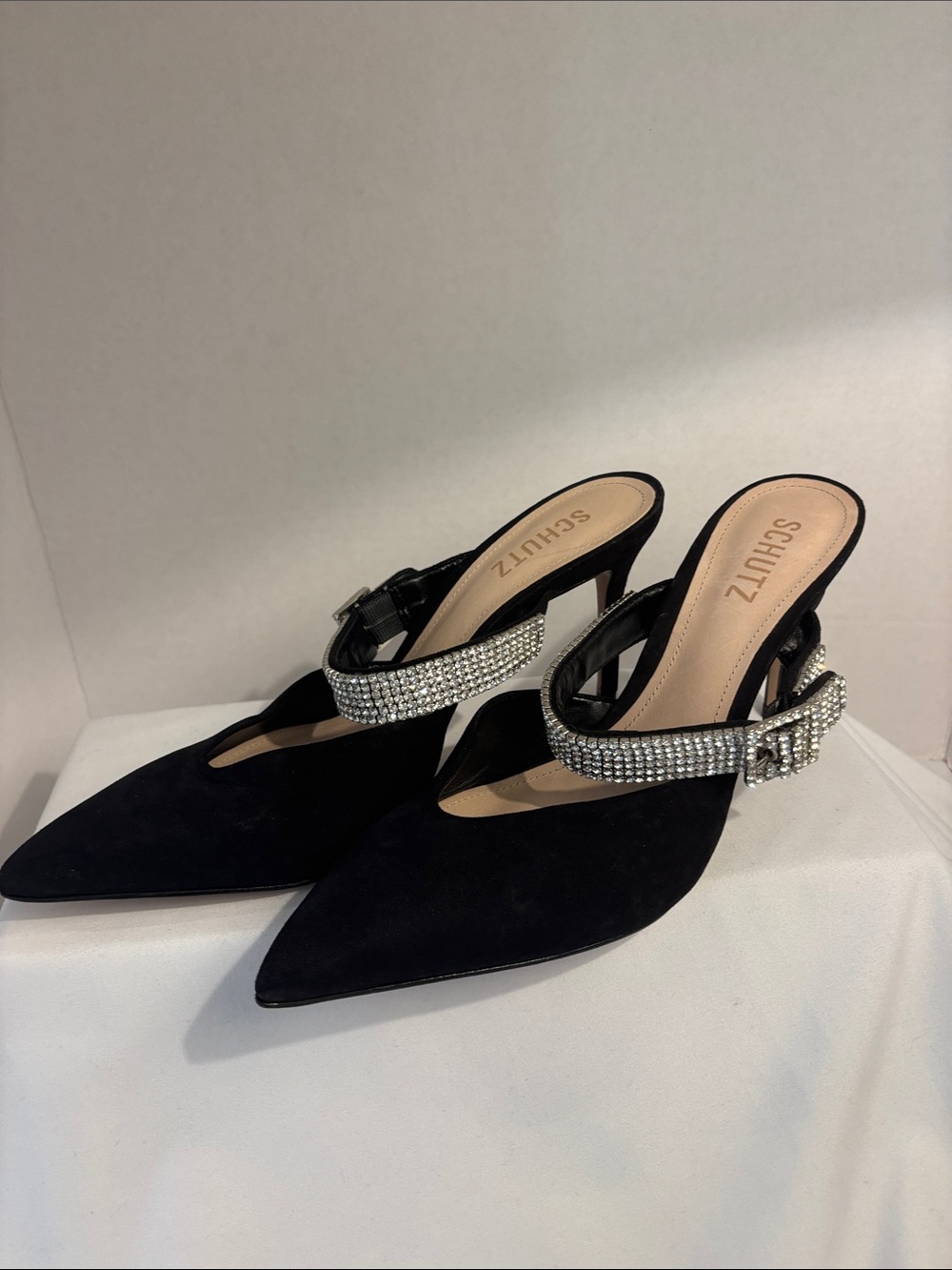 Schutz Tishara Black rhinestone buckle pointed toe mule heels. Size 9B - Picture 5 of 9
